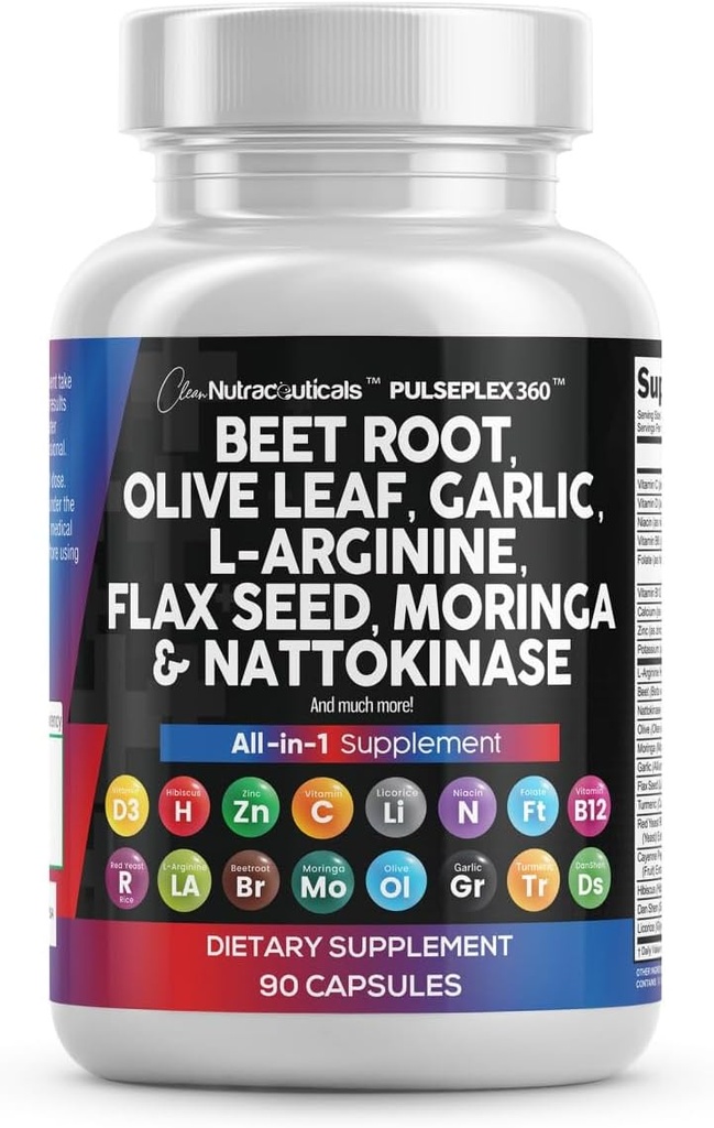Nutracêuticos limpos Beterraba Raiz Cápsulas Olive Folha Nattokinase Alho Extrato L-Arginina Omega 3 Red Yeast Rice Hibiscus Danshen - Suplemento de suporte saudável - 90 Ct