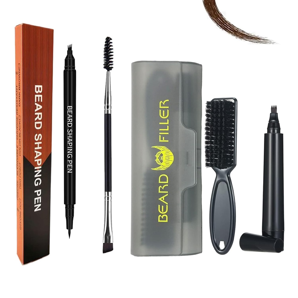 Enchedor de lápis de barba para homens, Hysotok Barba Barba Peneira de enchimento Kit, prova de água suor longa longa suspensão barba Filador caneta, escova de barba de pontas duplas para homens forma de reparação de bigode (marrom escuro)
