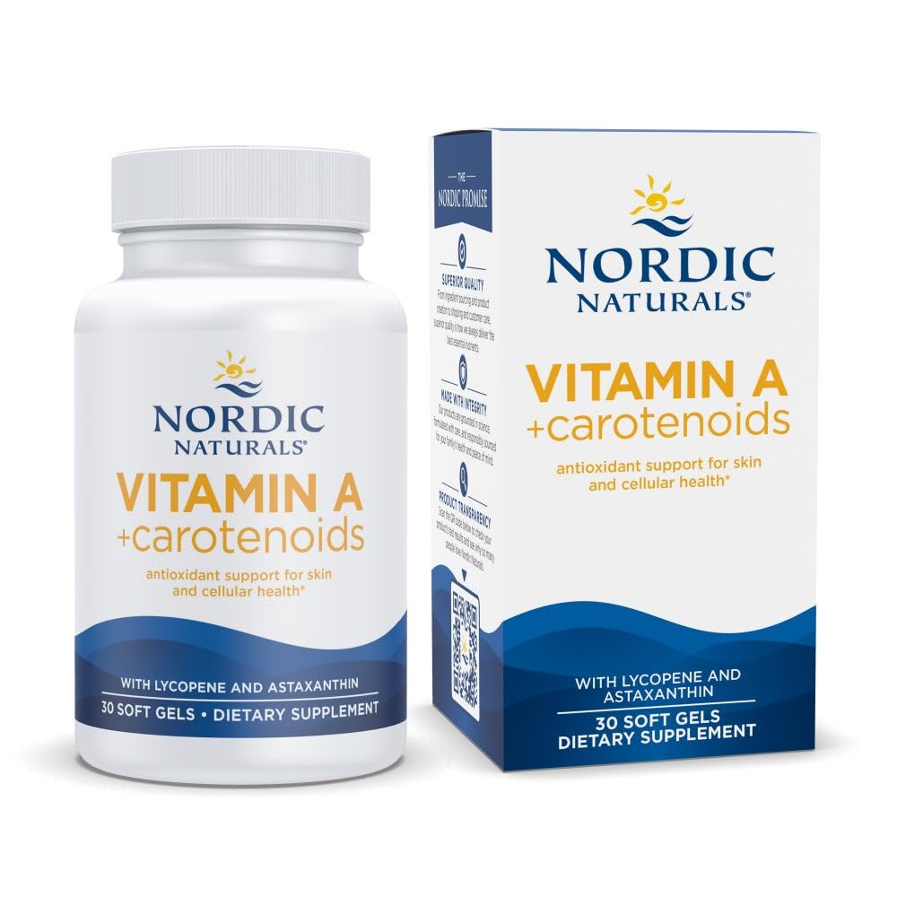 Naturals Nórdico Vitamina A + Carotenóides, Sem sabor - 30 Geles Macios - Licopeno & Astaxantina - Suporta a pele, Saúde Celular - Não-GMO - 30 Servimentos