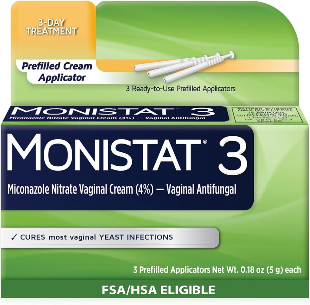 Monistat Tratamento da Infecção por Levedura de 3 Dias para Mulheres, 3 Aplicadores de Creme Pré-cheio de Miconazol, 1 Embalagem