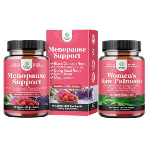 Pacote de suplementos de menopausa para suores noturnos, Hot Flashes & Mood Swings com Dong Quai, Chaste Berry & Black Cohosh Root e Saw Palmetto para mulheres 500mg DHT Blocker com Maca Root & Biotin