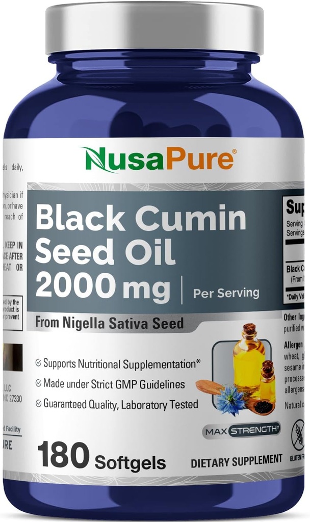 NusaPure Black Seed Oil 2000mg por serviço - 180 Caps Softgel (Não-GMO, Gluten-Free)