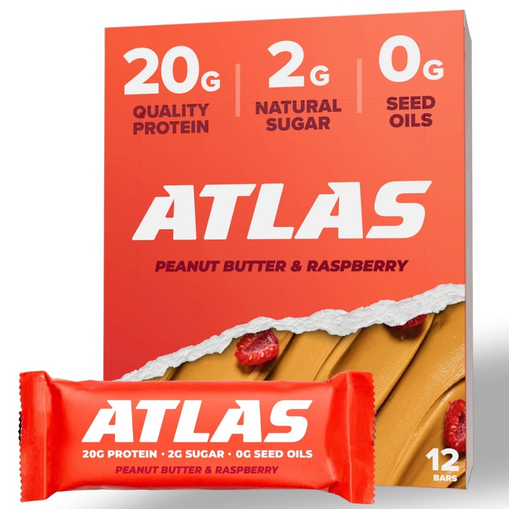 Atlas Protein Bar, 20g Protein, 1g Açúcar, Ingredientes Limpos, Sem Glúten (framboesa de manteiga de amendoim, 12 Count (Pack of 1))