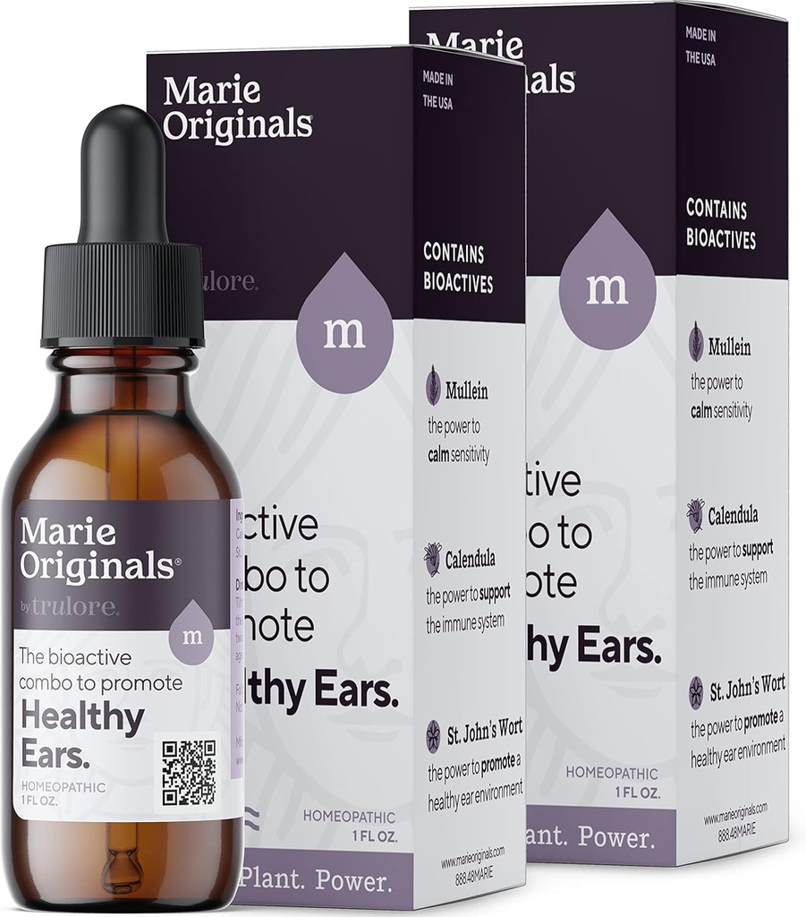 Marie Originals Natural Oil Orelha Drops Orelha Mullein Óleo de Alho Gotas para Prevenção de Infecções, Gotas de dor de ouvido de ervas para adultos, Crianças e animais de estimação, calma dor de ouvido & remoção de cera, remédios de dor de ouvido (2 Pack)