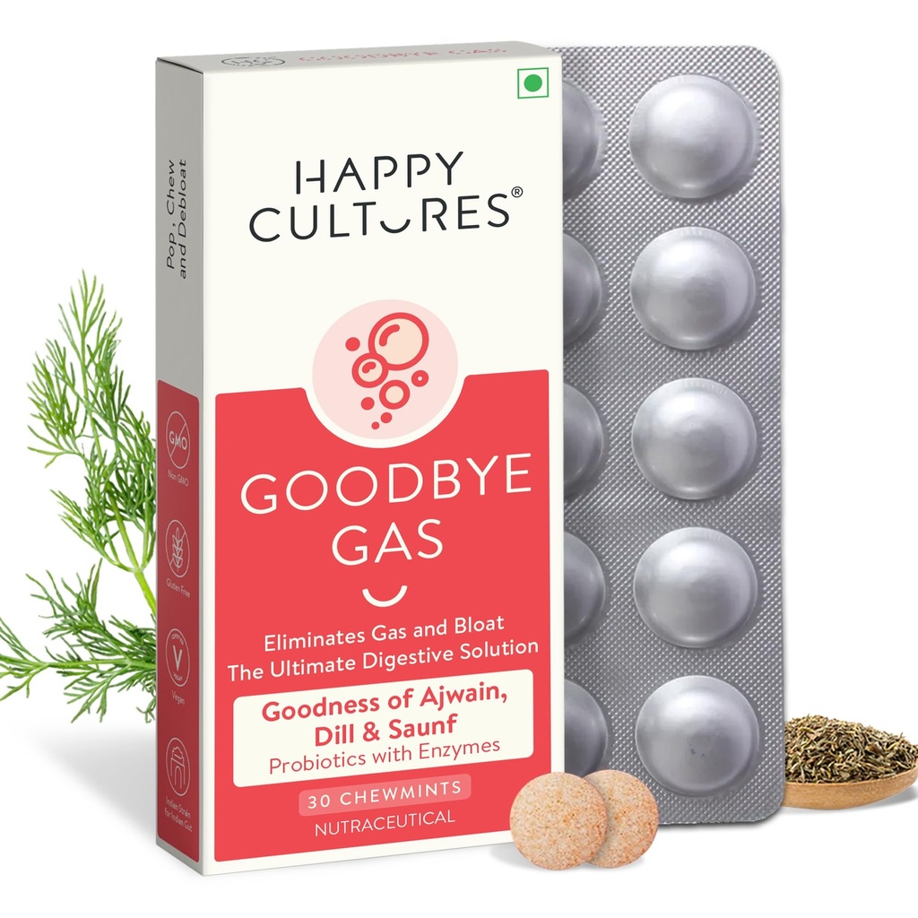 Culturas felizes Adeus Gás, Mastigáveis cápsulas de alívio de gás para saúde digestiva, inchaço e indigestão com Simethicone 50mg - 30 Mastigables