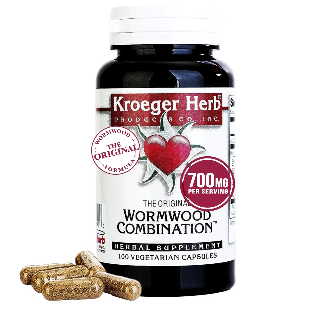 Kroeger Herb Products, Wormwood Herb, Black Walnut, Crave, Quassia, Worm Wood Detox Cleanse - Cápsulas vegetarianas, Não-GMO, Sem glúten, Sem conservantes ou enchimentos - 100 Cápsulas, Made in USA