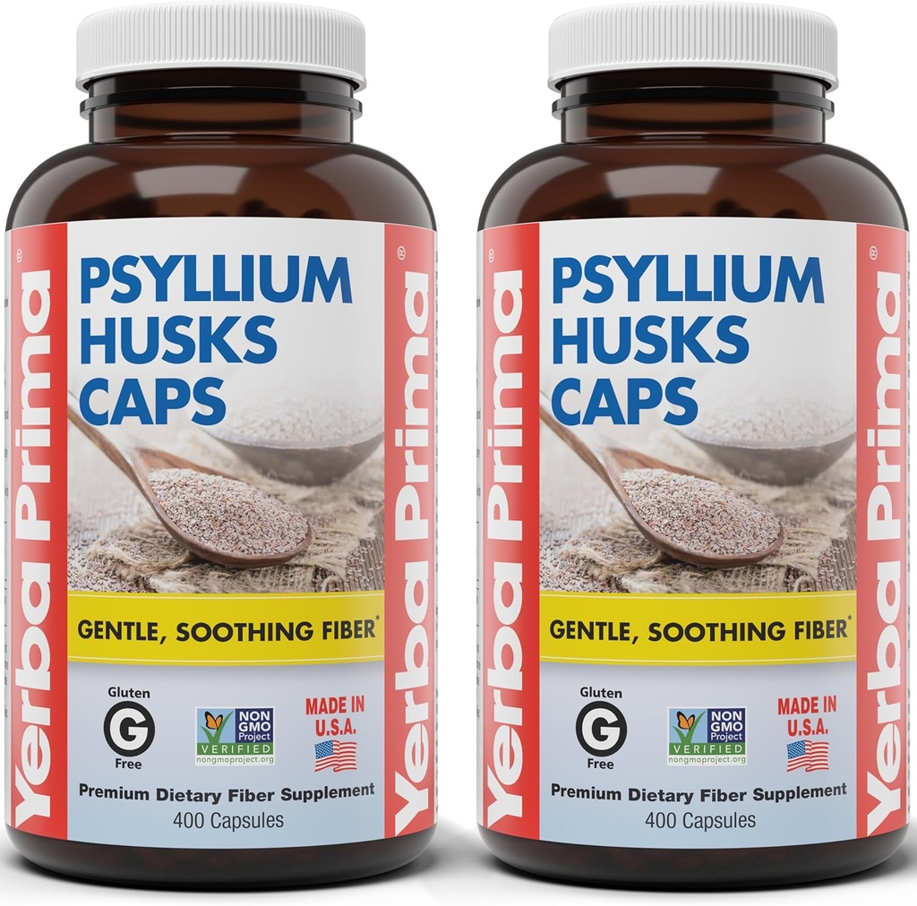 Yerba Prima Psyllium Husks Caps, 625 mg, 400 Cápsulas (Pacote de 2) - Fibra natural para homens e mulheres - Suplemento de suporte de regularidade