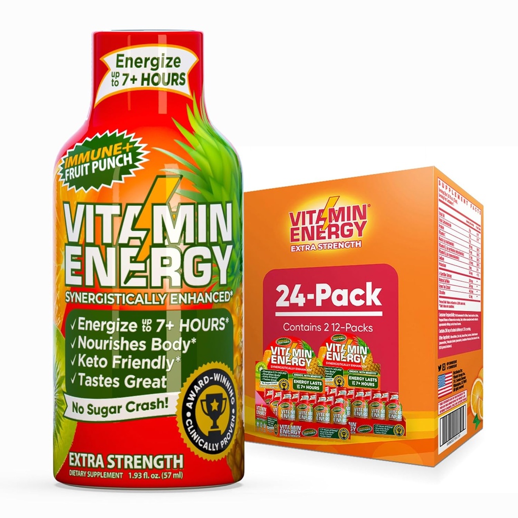 Vitamina Energia Imune+ Força extra Energia Shot Fruit Punch 24 Pack, 260mg Cafeína Natural, B-Vitaminas, Citicolina, Chá Verde, Imunidade e Apoio Focal, Açúcar Zero, Sem glúten 1,93 fl oz