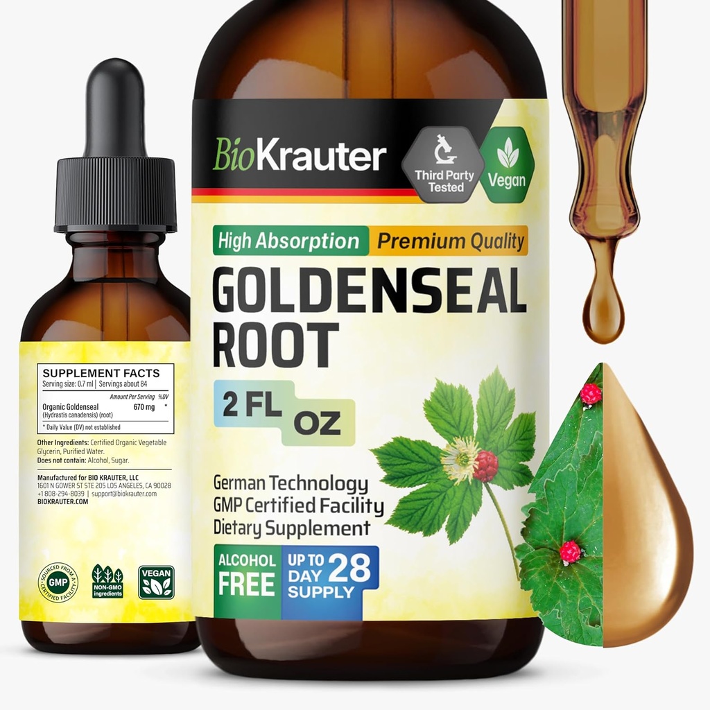 BIO KRAUTER Goldenseal Root Extract Liquid - Vegan Respiratory Support - Golden Seal Drops - Álcool & Açúcar Livre - 2 Fl.Oz.