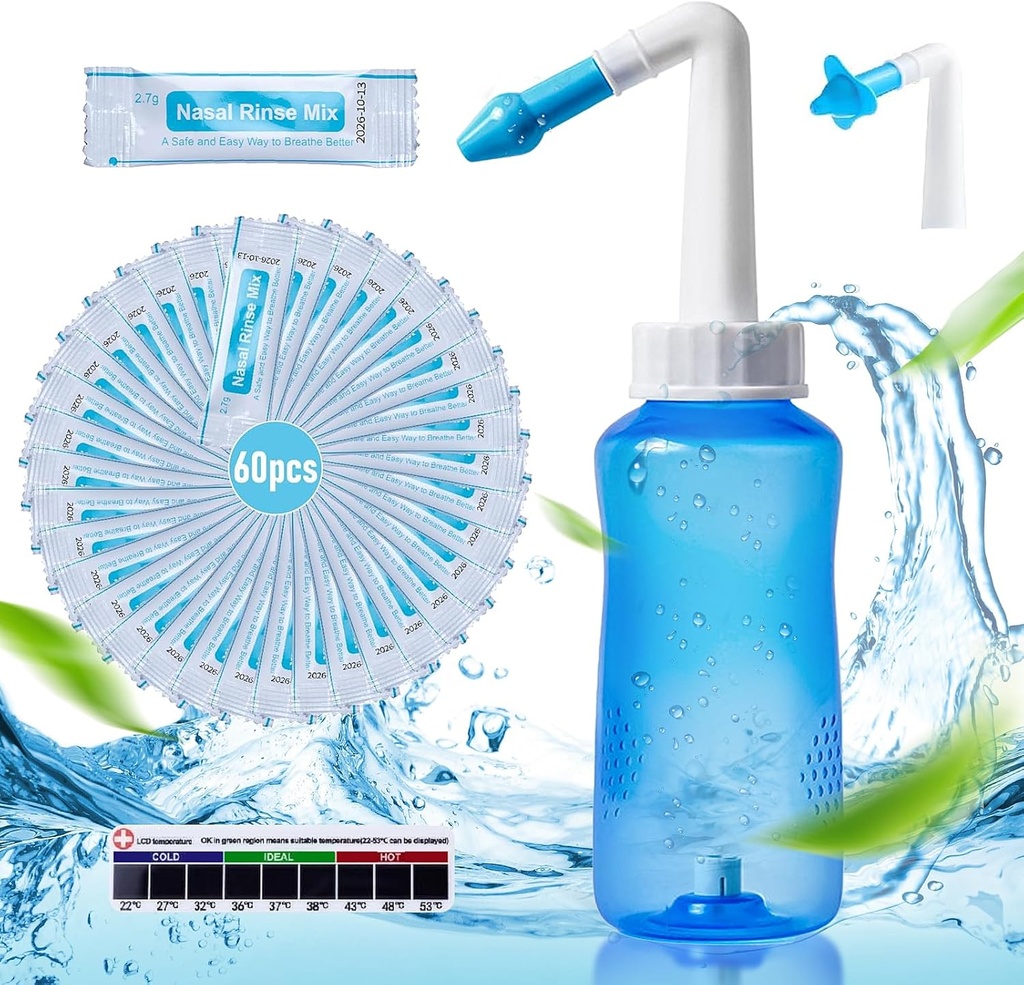Neti Pot Sinse Garrafa de lavagem limpador de nariz Pressão Enxaguar Irrigação nasal com 60 pacotes salinos de lavagem nasal e 300 ML Neti Garrafa Refil Kit Ideia e Termômetro adesivo para Adulto & Kid (azul)