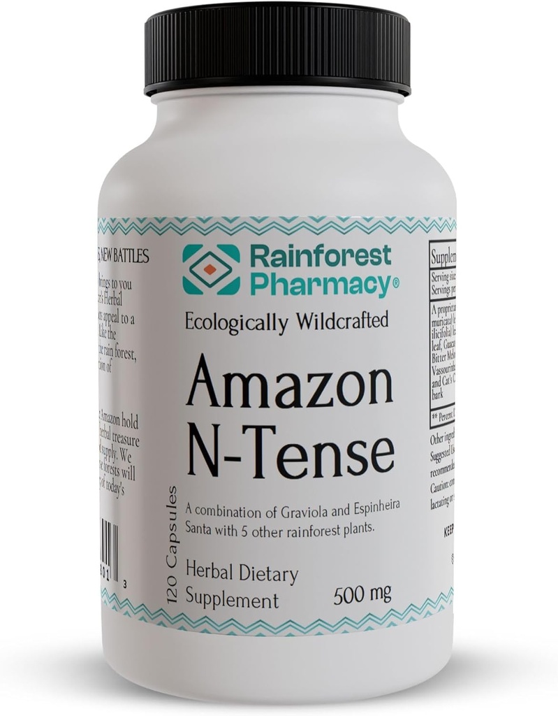 Rainforest Pharmacy N-Tense Soursop Graviola Cápsulas 500mg □ Wildcrafted Graviola Plus 7 Rainforest Herbs para Suporta Saúde Celular Normal