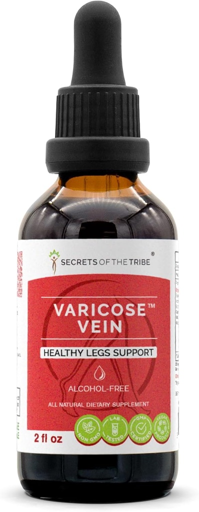 Segredos da tribo Varicosa Vinha Livre de Álcool, Broom de Glicerite Butcher, Castanha de Cavalo, Bilberry, Cayenne, Gotu Kola, Grape. Tintura, extrato de ervas saudável Pernas Suporte 2 OZ