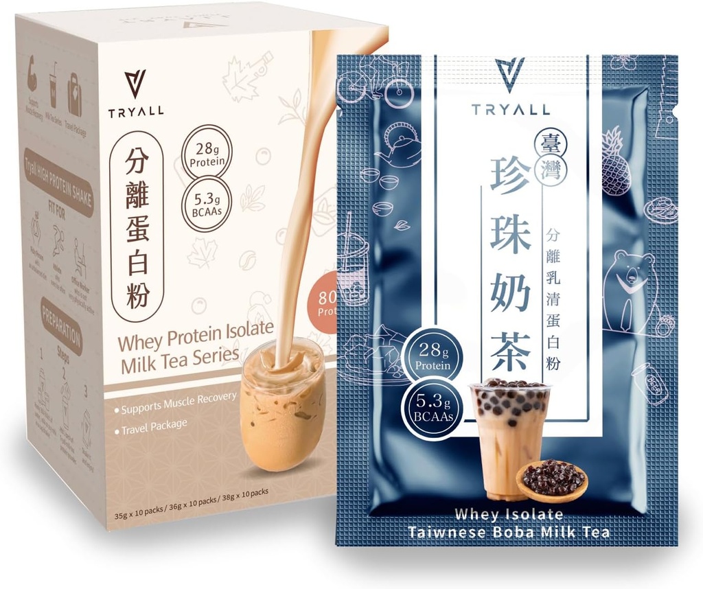 TRYALL Recarregue pós treino suplemento diário músculo construtor e suplemento de recuperação (Taiwan Bubble Milk Tea, 10 embalagens)
