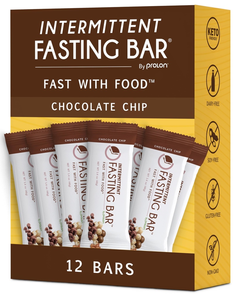 Prolon Fasting Bares proteína de 5g, 7g de fibra, Keto-friendly, sem glúten, livre de leite, planta-baseado , Nutrição para jejum intermitente , Formulado para não quebrar o seu rápido , Chocolate Chip (12 Contagem)