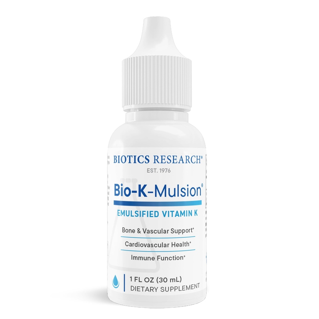 Biotics Research Bio K Mulsion Liquid Vitamina K Drops - 500 mcg/S - Vitamina K1 fitonadiona para adultos - VIT K Suplemento - Ossos fortes, Saúde do coração, Suporte para coagulação do sangue, 1 fl oz
