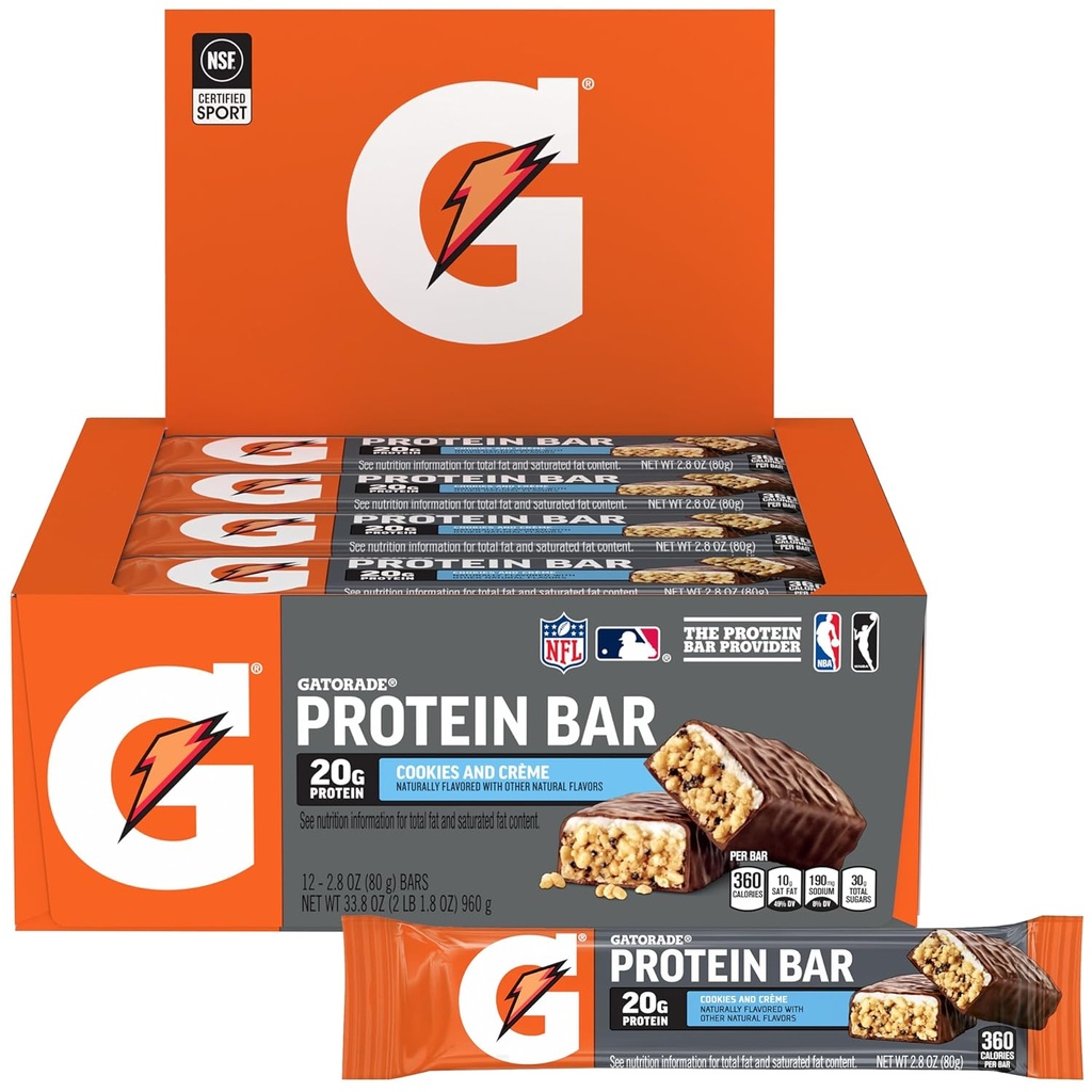 Gatorade Whey Protein Bares, Cookies & Crème, 2.8 oz barras (Pacote de 12, 20g de proteína por bar)