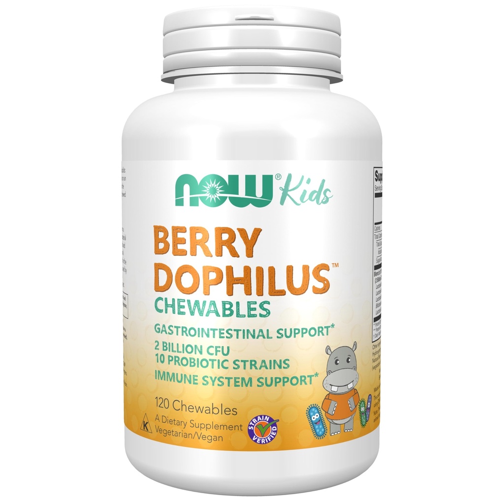 Now Foods Supplements, BerryDophilusTM com 2 Bilhões, 10 Strains Probióticos, Xilitol Adoçado, Strain Verificado, 120 Chewables, embalagem pode variar