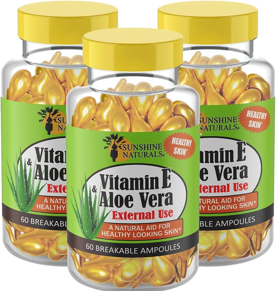 Sunshine Naturals Vitamina E e Aloe Vera Hidratante. Fórmula hidratante para pele seca, alívio calmante, nutrição e elasticidade da pele. Promove pele macia e saudável. 60 frascos. Embalagem de 3