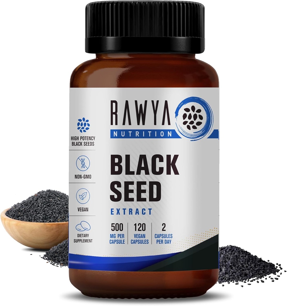 RAWYA Nutrition Black Seed Extract, Nigella Sativa, Black Cumin Seed Powder, 500 mg Cada, Promove o bem-estar, flexibilidade, e pele radiante, Halal, Vegan, Puro & Suplemento Natural - 120 Cápsulas Vegan