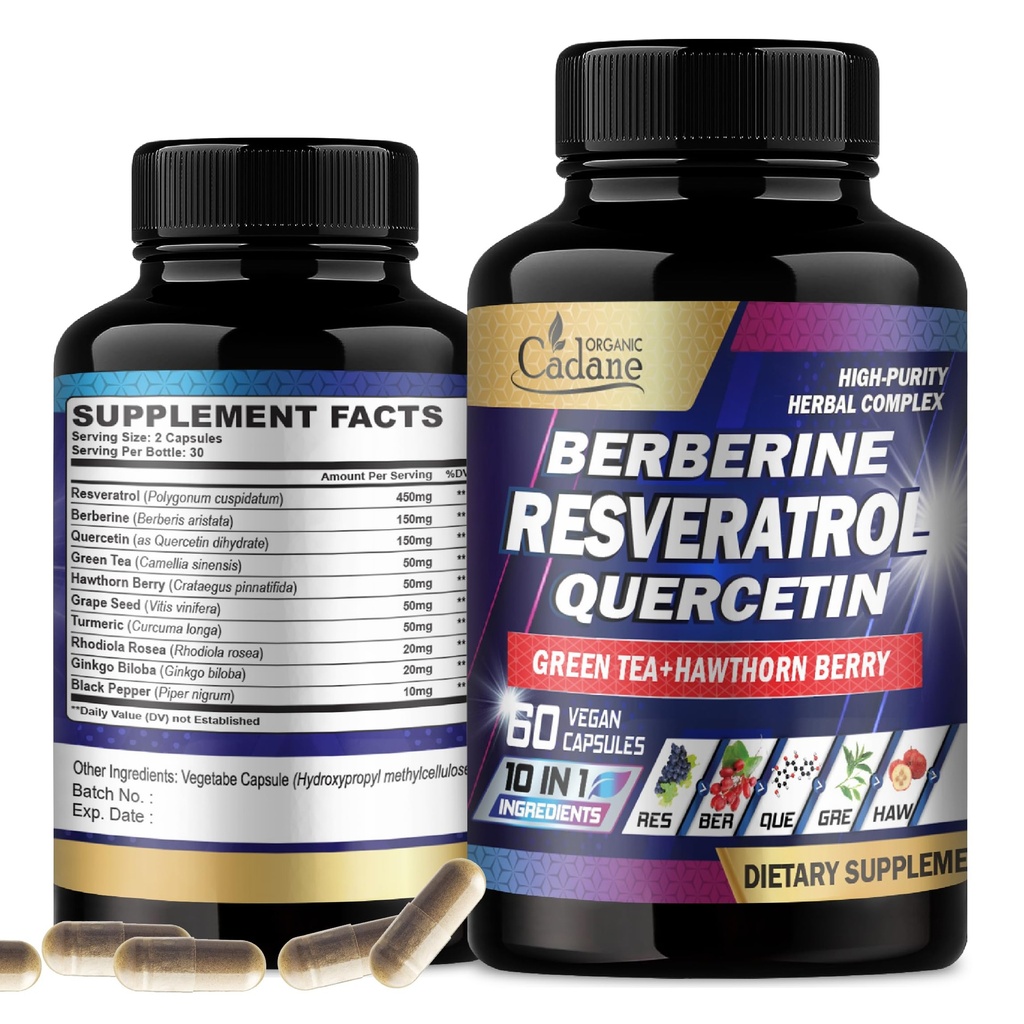 Cadene Resveratrol Suplemento - 10in1 Plus com Quercetin, Berberine, Chá Verde, Sementes de Uva, Hawthorn Berry, Açafrão, Rhodiola Rosea, Ginkgo Biloba e Pimenta Preta - 60 Cápsulas