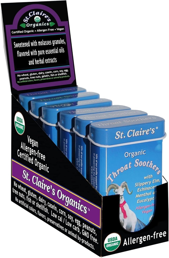 St. Claire's Orgânicos Garganta Soothers, (1,5 Ounce Tin, Pack of 6) (Gluten-Free, Vegan, GMO-Free, Planta-Based, Allergen-Free (Made in Our Allergen-Free Facility)