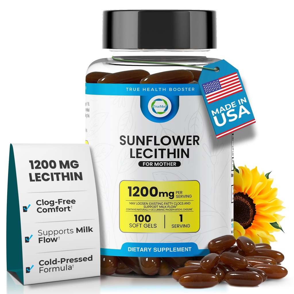 Lecitina de girassol 1200 mg, Fluxo de Leite, Sem Soja e Não-GMO Suporte para Amamentação Mães Desbloqueia Dutos de Leite entupidos, Cérebro, Nervo e Saúde do Fígado, Fosfolipídio-Rich para Mãe 100 Softgel