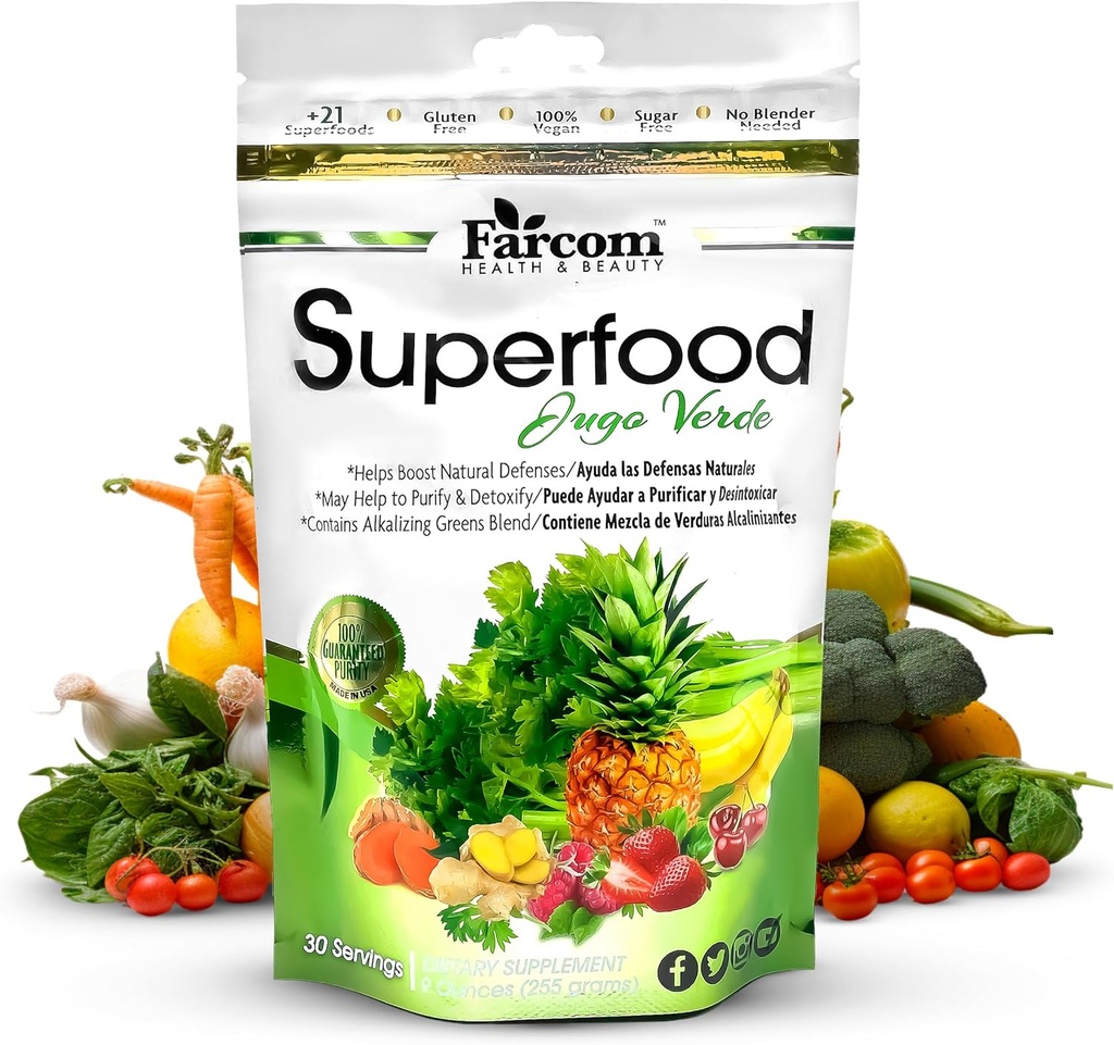 Suco verde Superfood em pó – mistura de mais de 21 Super Verdes, Adaptogens, Prebióticos, Probióticos, Antioxidantes – Detox, Energia e Imune Suplemento de apoio – Vegan, Gluten-Free