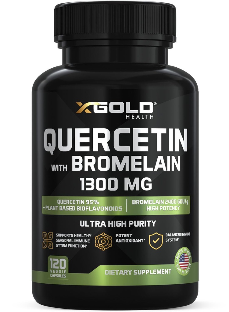 Quercetina + Bromelaína 1.300mg – Quercetina: 95% - Altamente Purificada e Altamente Biodisponível Plus Bromelaína 2.400 GDU/g - Made in USA