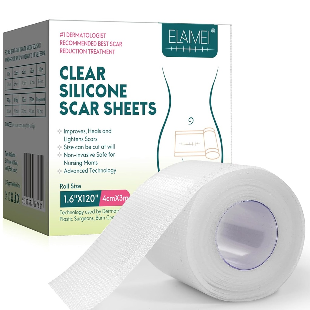Folhas de cicatriz de silicone, folhas claras de cicatriz de gel de silicone, fita de cicatriz invisível (1,6” x 120”Roll-3M), tiras de cicatriz para cicatrizes cirúrgicas, grau médico, folhas de remoção de cicatriz para C-Seção, Mama, Keloid et.