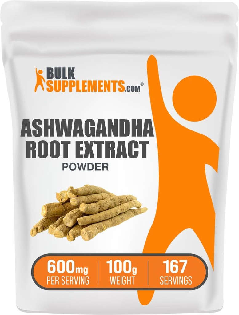 BulkSupplements.com Ashwagandha extrato de raiz em pó - Suplemento Ashwagandha, Suplemento de ervas - Vegan & Gluten Grátis, 600mg por serviço, 100g (3,5 oz) (Pack of 1)