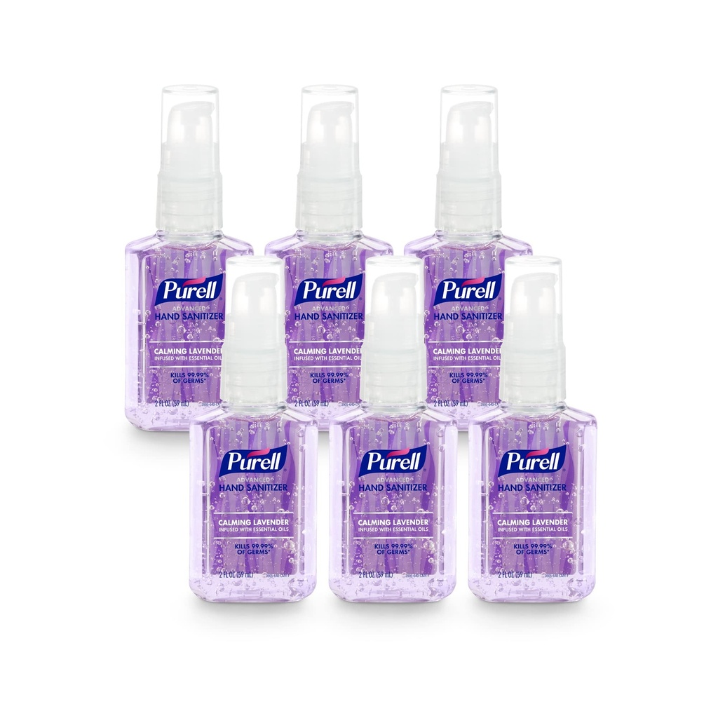 Gel de higienizador de mão avançada Purell Infundido com óleo essencial, Lavanda calmante, 2 fl oz frasco de bomba de tamanho de viagem (Pacote de 6), 3905-04-EC