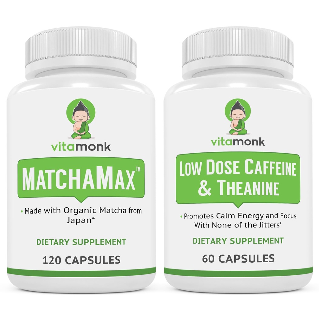 Pacote VitaMonk Energia e Foco: MatchaMax Orgânica Japonesa Matcha Cápsulas de baixa dose de cafeína e teanina