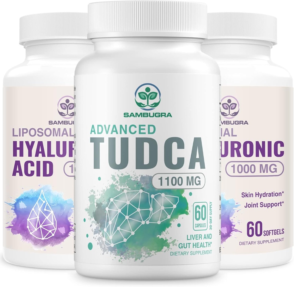 Suplementos de fígado TUDCA 1100mg e suplementos de ácido hialurônico lipossomal 1000mg, suplemento de biodisponibilidade alta (Pacote de 3)