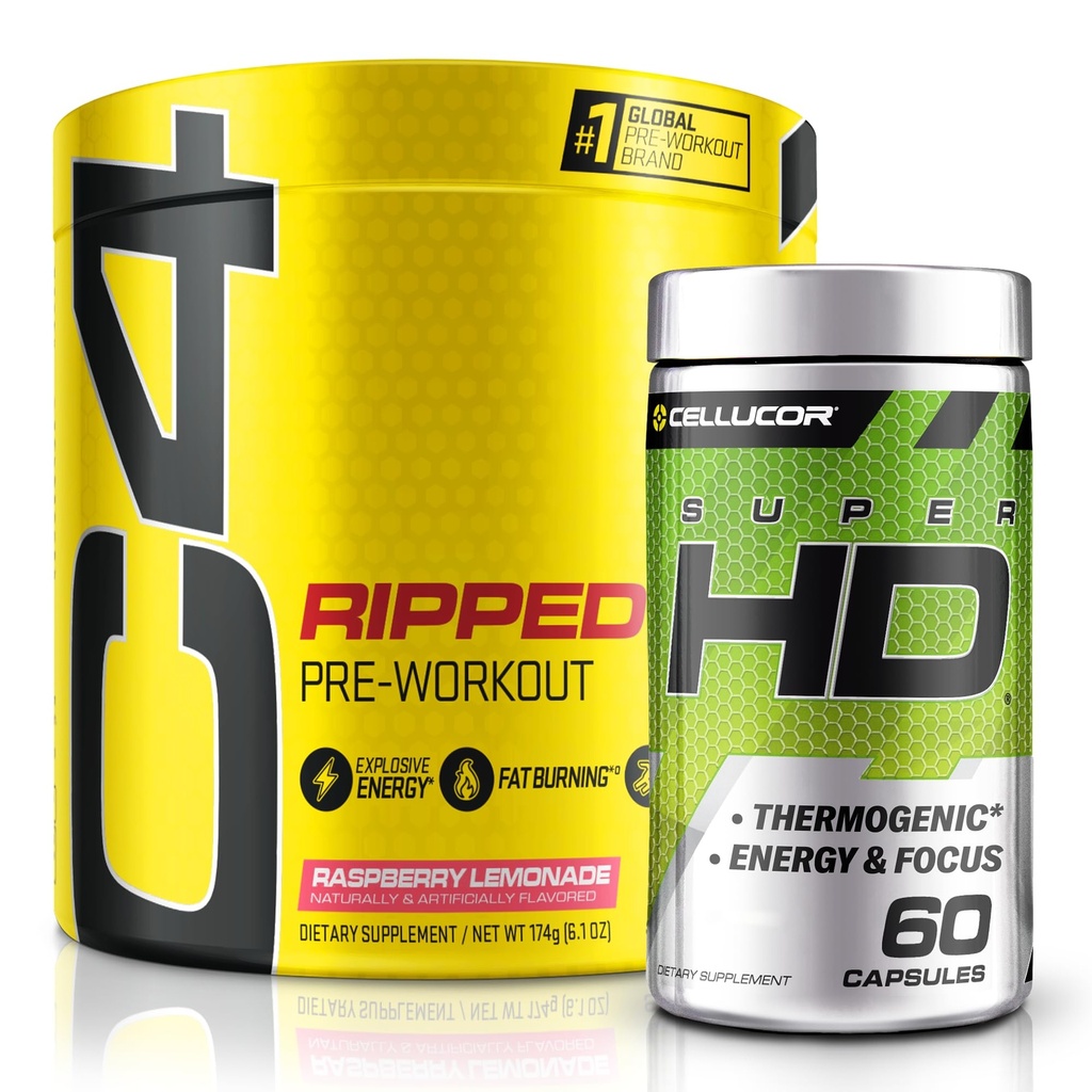 C4 Ripped & SuperHD, O pacote termogênico, C4 Ripped pré-treino em pó, Limonada de framboesa 30 Servings + SuperHD com Capsimax e extrato de chá verde, 60 Servings