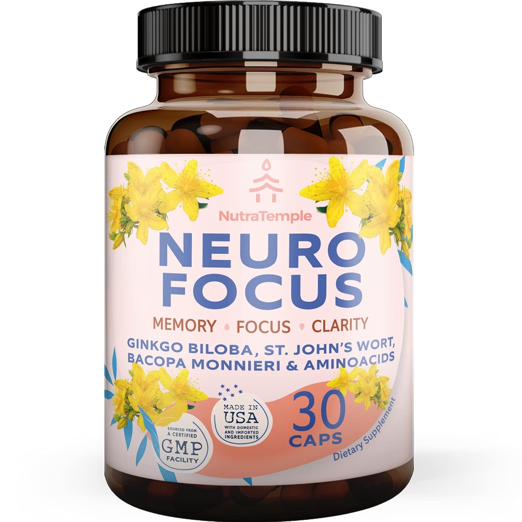 Brain Booster Gingko Biloba Supplement - Nootrópicos para mente, foco, memória, clareza com Bacopa Monnieri, St. Johns Wort - 30 cápsulas de alimentos para cérebro
