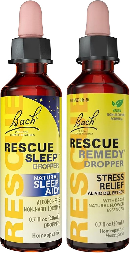 RESCUE Stress Relief & Sleep Support Bundle, Fórmulas não alcoólicas, Bach Remedy Dropper 20mL 2-Pack Sleep Dropper 20mL, Essências de flores homeopáticas