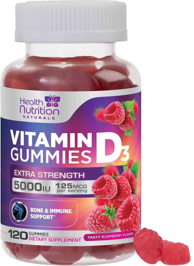 Vitamina D3 Gummies 5000 UI (125 mcg) - Apoio ósseo e imunológico de força tripla, Suplemento dietético de vitamina D Gummy, Berry D Suplemento Vitamina da natureza, Framboesa aromatizada, Não-GMO - 120 chicletes
