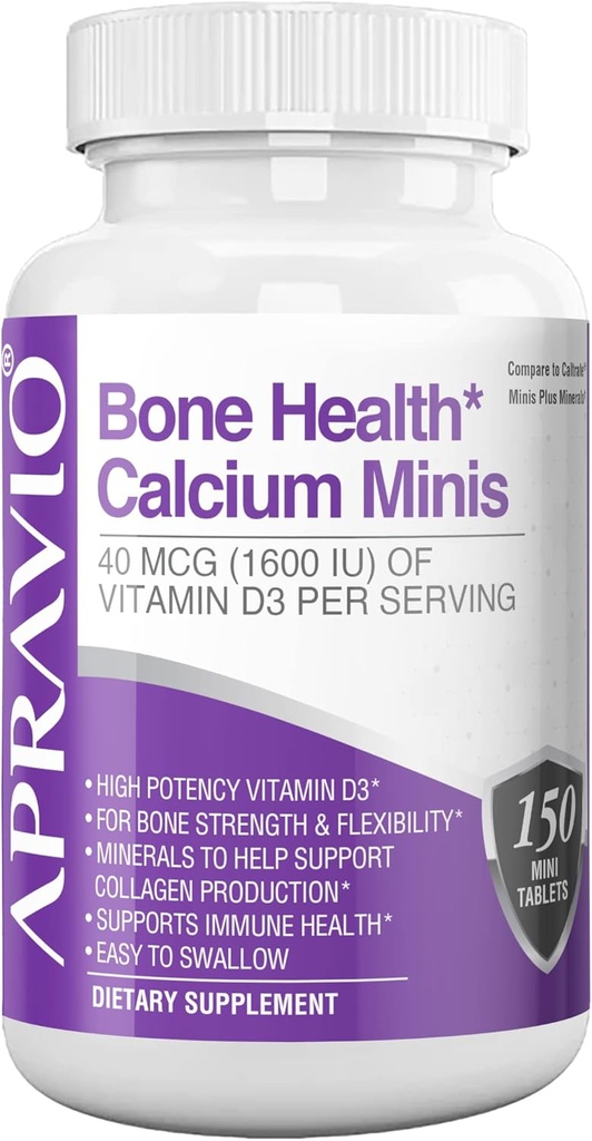 Saúde óssea Minis de cálcio Comprimidos, Suplementos de cálcio w/Vitamina D3, Magnésio, Zinco, Cobre, Manganês, Minerais para ajudar a apoiar a força óssea, Produção de colágeno, Saúde Imune, 150ct