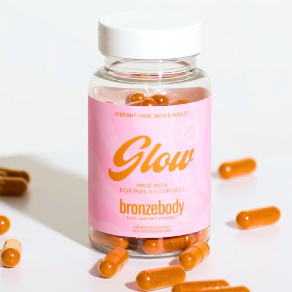 bronzebody® GLOW Cápsulas Acelerado bronzeamento Vegan Vitaminas A tocotrienols Antioxidantes Melanina Colágeno Urucum (ROUCOU, Annatto, Bixin, Urucu) Suplemento de ervas Detox Aditivo Grátis (60ct)