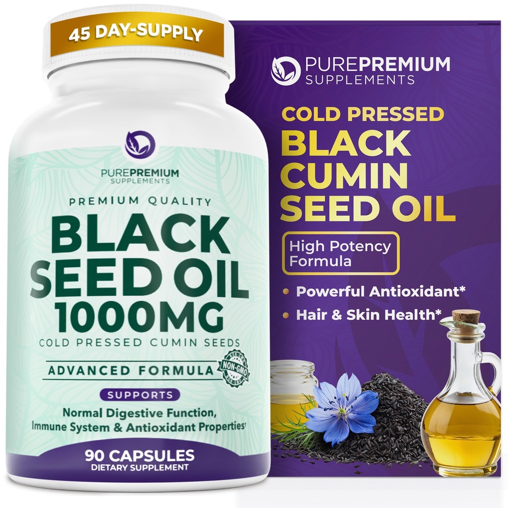 PurePremium Black Seed Oil 500mg - Orgânico Nigella Sativa Seeds, Cold Pressed Black Comin Oil Extract - Suplemento de Cabelo / Pele para Homens / Mulheres pacote de 90 Cápsulas