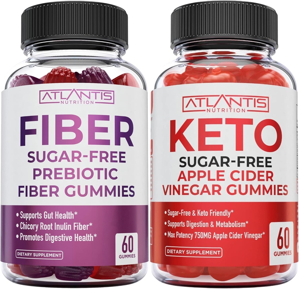 Nutrição Atlântida Pastilhas de Fibra Prebiótica Livre de Açúcar para Adultos 2-Pack (120 chicletes) + Açúcar grátis Keto Apple Cider Vinagre 60 chicletes