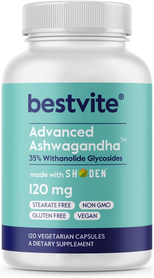 BESTVITE Advanced Ashwagandha 120mg w/Shoden (120 Cápsulas Vegetarianas) - Clinicamente Estudado Contendo Indústria Liderando 35% Withanolide Glycoside - Sem Stearates - Vegan - Não OGM - Gluten Free