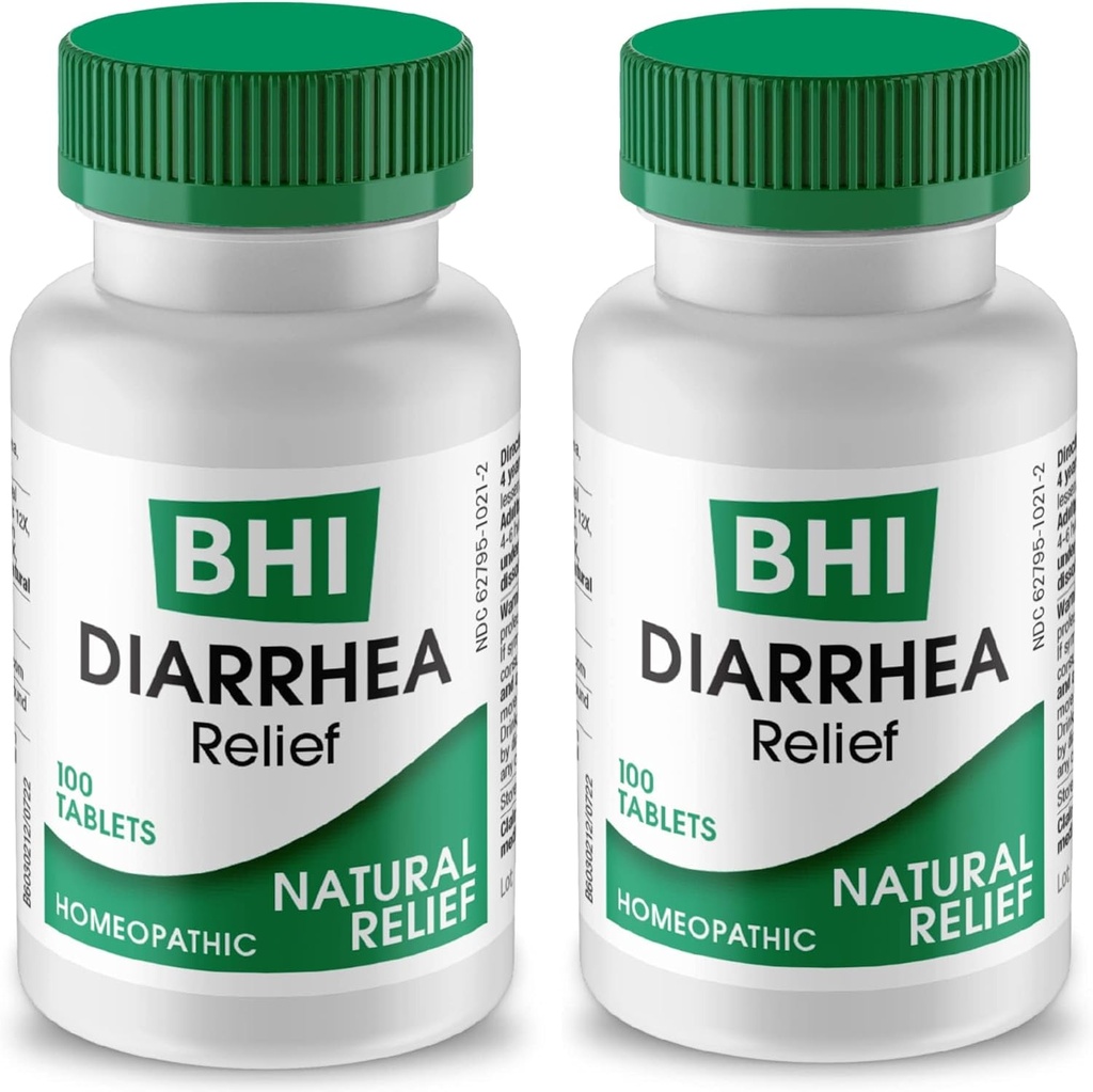 BHI Diarrhea Alívio Remédio natural de ação rápida para Diarréia leve - 8 Ativos homeopáticos calmantes Ajuda a acalmar o estômago Ache, gás e cãibras para mulheres e homens - 100 comprimidos (Pack of 2)
