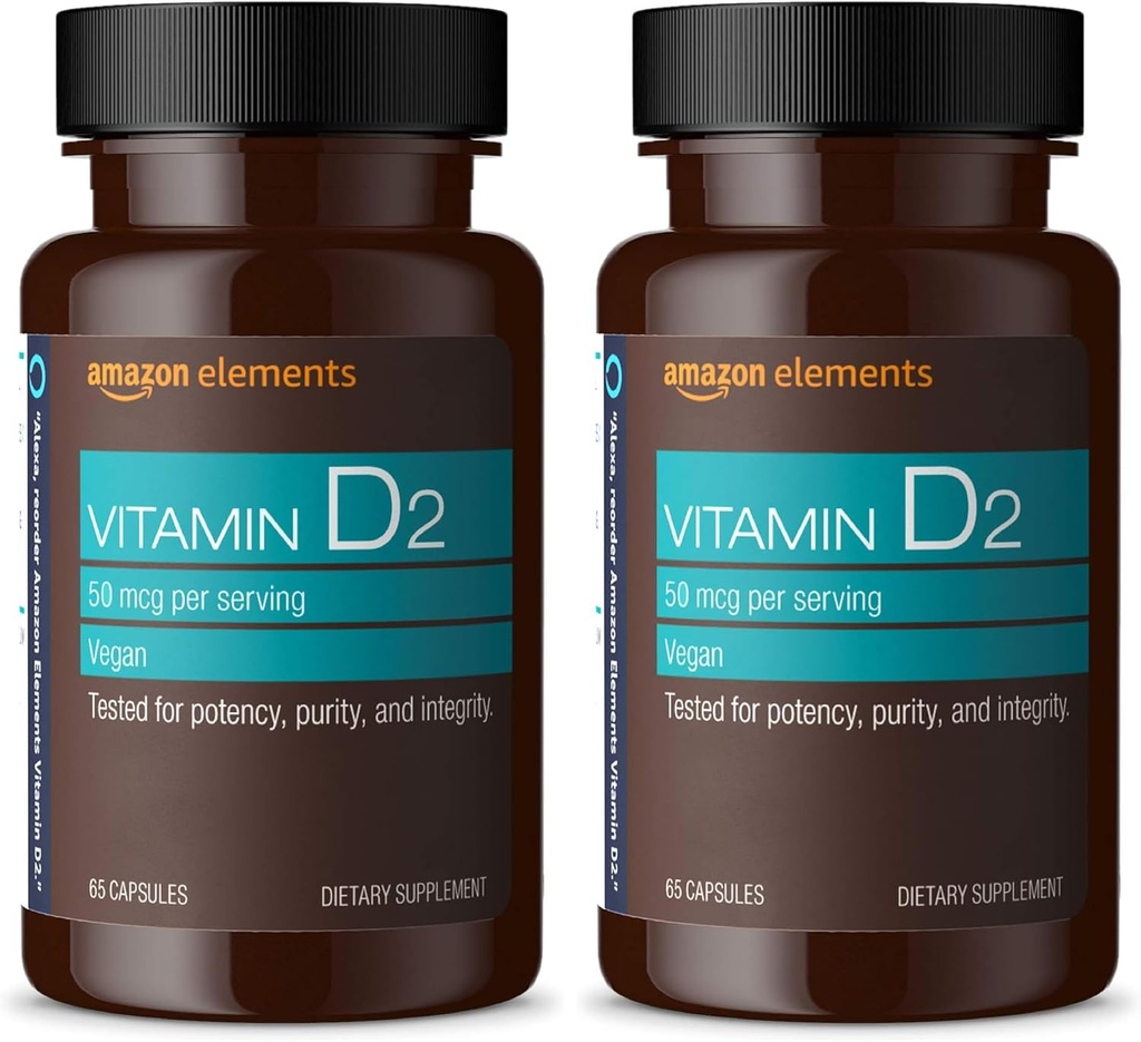 Elementos Vitamina D2 2000 UI, Vegan, 65 Cápsulas, Suporta ossos fortes e saúde imunológica, 2 Mês de Abastecimento (Pacote de Maio Vary) (Pacote de 2)