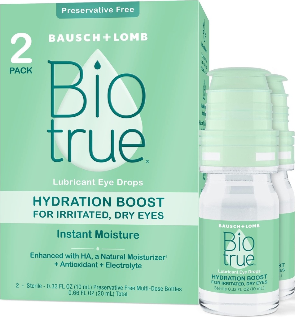 Biotrue Hydration Boost, Preservative-free colírio gotas para olhos secos, Hidrata instantaneamente, Reidrata, Contato Lens Friendly, Refresca & Alivia a irritação ocular, 0.33 FL Oz (Pacote de 2)