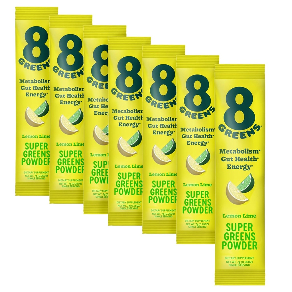 8Greens Super Greens Powder □ Superalimentos de mistura prebióticos e probióticos para a saúde da tripa, metabolismo, desobstrução, com fibra, enzimas digestivas, orgânicos: espirulina, chlorela, limão, 7 Servings