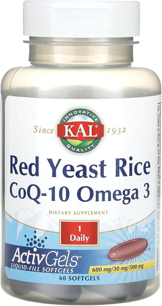 KAL Red Levest Rice, CoQ-10, Omega 3, 60 Softgels