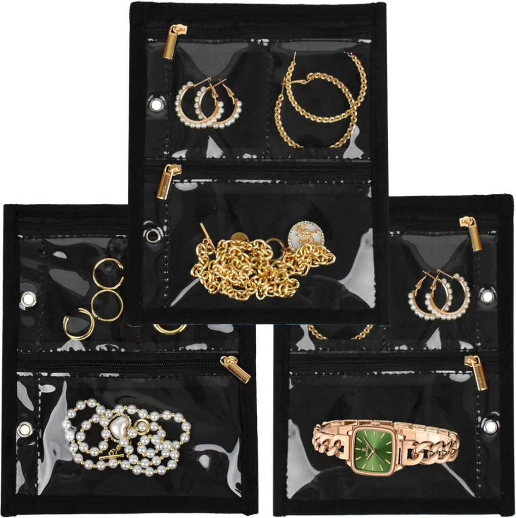 Caso organizador de jóias de viagem, Bolsas de jóias Binder Livro de armazenamento de jóias com zíper claro bolsa de veludo para viajar,Earrings, Anéis, Colar, Pulseira (páginas internas, 3 PCS)