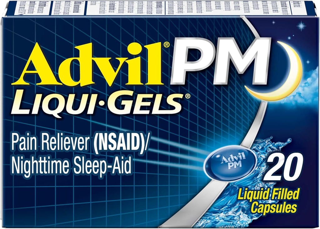 Advil PM Liqui-Gels Pain Reliever e Nighttime Sleep Aid, Pain Medicine com Ibuprofeno para alívio da dor e Difenidramina HCL para um Sleep Aid - 20 Cápsulas Enchedas Líquidas - Voltar para a faculdade