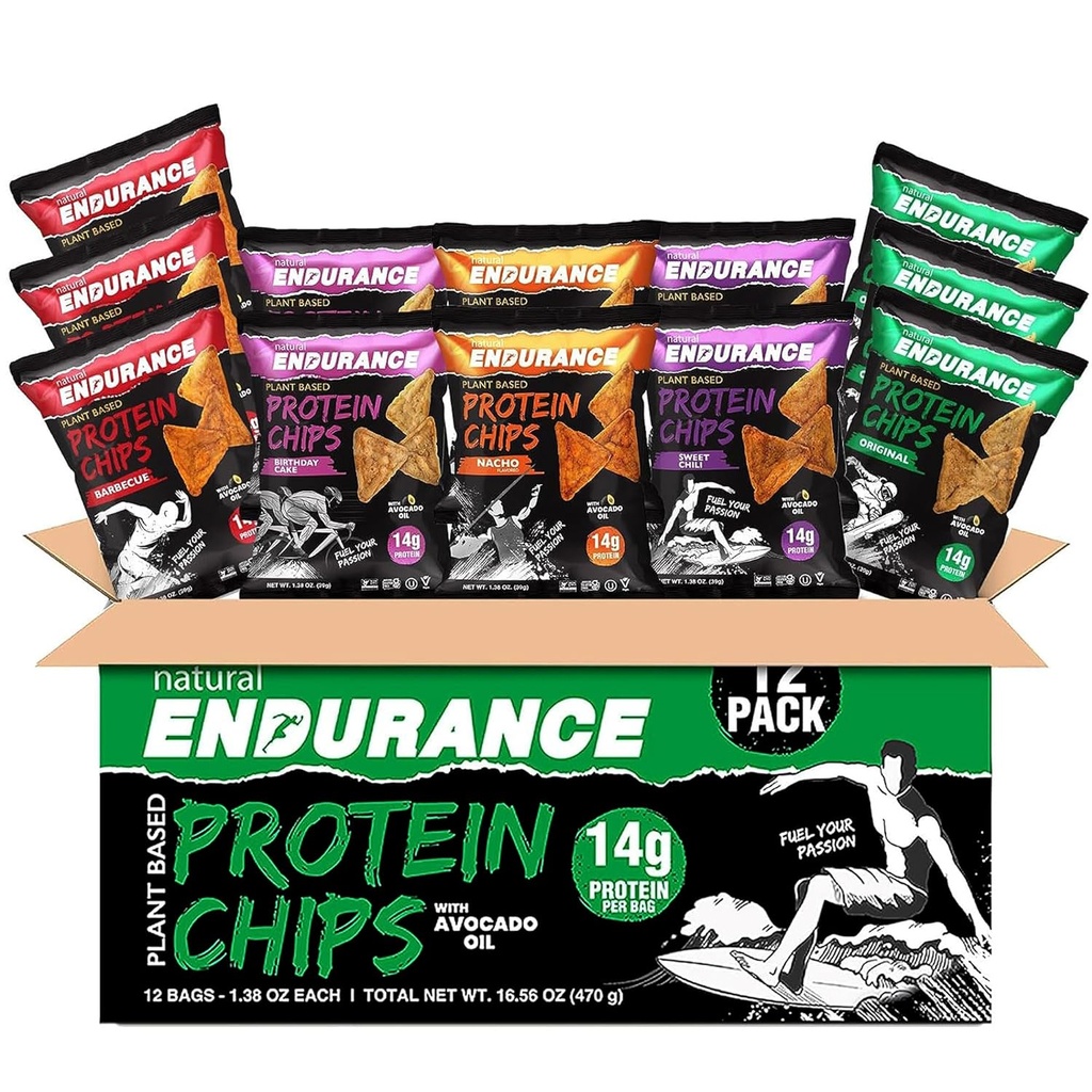 Natural Endurance Protein Chips - Fichas de baixo carbono, Lanche de alta proteína, Proteína Vegan com óleo de abacate, 14g Proteína por saco, Glúten livre, Nacho, churrasco, Chili, Bolo de aniversário, Original - Pacote de variedades, 1.38 oz Bags (Pacote de 12)